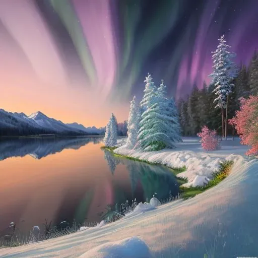 Scene Description: A winter landscape featuring the Northern Lights. The sky is lit up with vibrant colors of green and pink, illuminating the snow-covered ground below. In the distance, there is a frozen lake surrounded by snow-capped mountains.
Modifiers: Cold, ethereal, vibrant, highly detailed, sharp focus, majestic, mystical, aurora borealis, snow-covered mountains, frozen lake.
Artist or Style Inspiration: Art by Alexei Butirskiy, Ivan Shishkin, or Albert Bierstadt. Landscape paintings from the Romanticism or Realism art movements.
Technical Specifications: 4K UHD image, realistic textures, natural lighting, Unreal Engine 5.