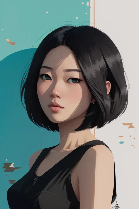 highly detailed portrait of halo,1girl, blue eyes, black hair,sleeveless dress, Asian women by atey ghailan, by greg rutkowski, by greg tocchini, by james gilleard, by joe fenton, by kaethe butcher,graffiti tag wall background