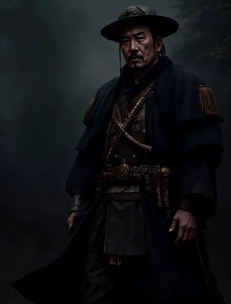 <lora:lowra_v10:0.82> golden dieselpunk old samurai, epic realistic, cinematic, dramatic, muted colors, medium, foggy, artstation, forest
