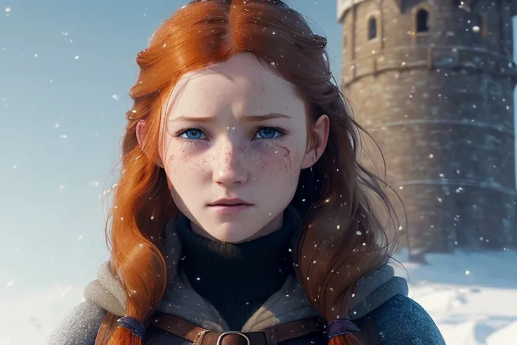 highly detailed full medium shot of pitfighter ginny weasley [adorable bonnie wright], (((small))) breasts, (freckles:0.9), (muscular:0.4), (baby_blue:brown:0.75) eyes, small eyes, (long straight orange red hair:0.8), (hair waving in the wind:1.52), (tear drops, tears, cry, crying:1.3), winter village, heavy winter clothes, boots, heavy snow, (windy, wind:1.3), 
far cinematic angle, (extremely detailed CG unity wallpaper), (Intricate, High Detail, Sharp focus:1.35), dramatic, photorealistic painting art by greg rutkowski