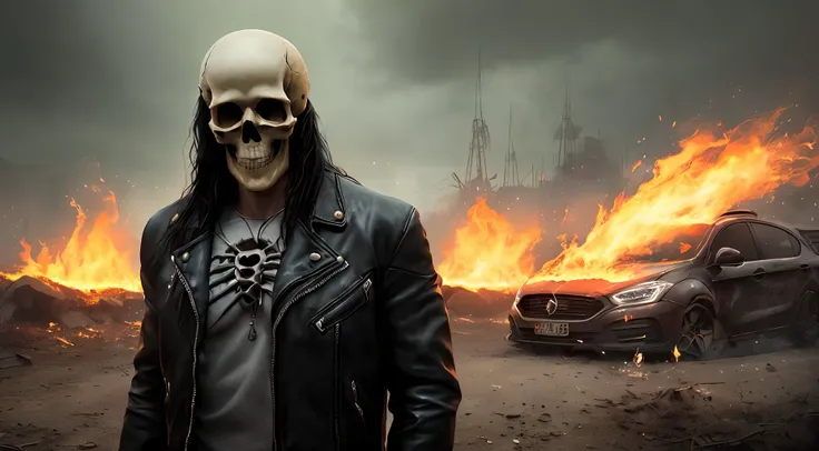 ((best quality)), ((masterpiece)), ((realistic)), (detailed), ((man with skull instead of a head)), ((long black hair)), (wearing the black leather jacket),  ((glowing eyes)), flames, (metalhead, rock and roll), detailed digital art, trending on artstation, concept art, unreal engine, hyper detailed, volumetric light, moody cinematic epic concept art, realistic matte painting, insanely detailed, , ((masterpiece)), absurdres, HDR