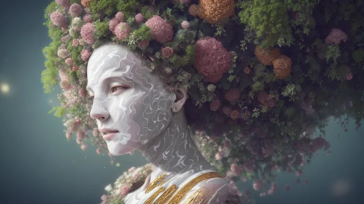 large tree roots as hair, messy, particulate, decay, marble face coming out of a wall complex 3d render ultra detailed of a beautiful profile, medusa, flower, anatomical, anatomy, detailed, space, disintegrating, analog, 50 mm lens, beautiful natural soft rim light, fine foliage lace, colorful details, art nouveau, intricate details, mandelbrot fractal, anatomical, facial muscles, elegant, hyper realistic, ultra detailed, octane render, volumetric lighting,  cinematic lighting, 8k post-production