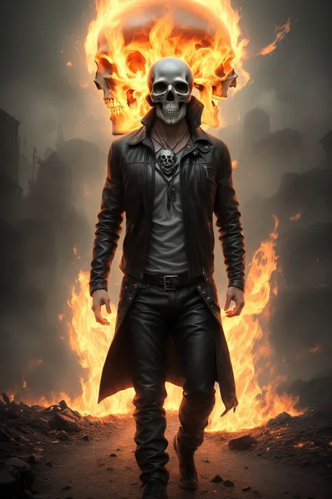 ((best quality)), ((masterpiece)), ((realistic)), (detailed), ((man with skull instead of a head)), ((long black hair)), (wearing the black leather jacket), ((glowing eyes)), flames, (metalhead, rock and roll), detailed digital art, trending on artstation, concept art, unreal engine, hyper detailed, volumetric light, moody cinematic epic concept art, realistic matte painting, insanely detailed, , ((masterpiece)), absurdres, HDR