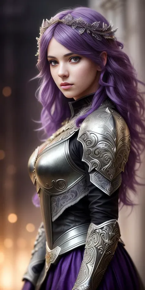 (dark shot:1.1), full head, epic realistic, angel, (intricate details:1.25), (cinematic look:1.4), soothing tones, insane details, hyperdetailed, low contrast, soft cinematic light, dim colors, exposure blend, (neutral colors:1.2), (hdr:1.4), (artstation:1.4), cinematic, warm lights, dramatic light, complex background, (rutkowski:0.66), (wearing white and purple armor:1.1), long purple hair