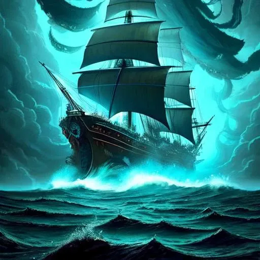 A colossal Kraken rises from the depths of the ocean, its massive tentacles reaching out to seize a ship sailing on the surface. The ship's crew scramble to defend themselves as the Kraken's eye, glowing with an otherworldly intensity, locks onto them.
Monstrous, menacing, ominous, tentacled, ancient, powerful, colossal, terrifying, underwater, mysterious.
The image should be captured through digital art or a mix of digital and traditional media. The focus should be on the details of the Kraken's massive form and its writhing tentacles, with the ship and crew in the foreground to provide a sense of scale. The color palette should be dark and ominous, with blues and greens reminiscent of the depths of the ocean.