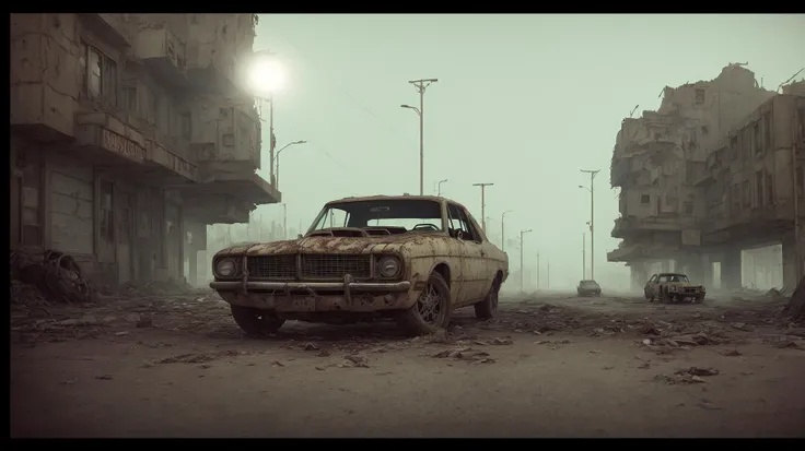 ((best quality)), ((masterpiece)), ((realistic)), (detailed), abandoned wasted city, rusty muscle car standing on a street, everything covered with dust, postapocalyptic, ((close shot, 35 mm)), realism, exploration, cinematic, realistic, octane render, unreal engine, hyper detailed, volumetric light, moody cinematic epic concept art, realistic matte painting, concept art, insanely detailed, , ((masterpiece)), absurdres, HDR