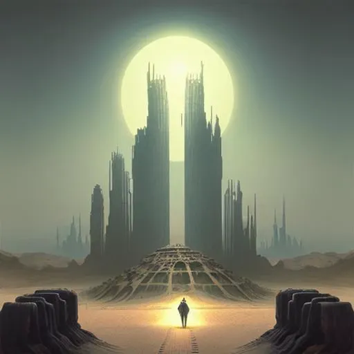 dystopian city, desert, in front of a monolith with a skull on its side, best quality, Zdzislaw Beksinski style