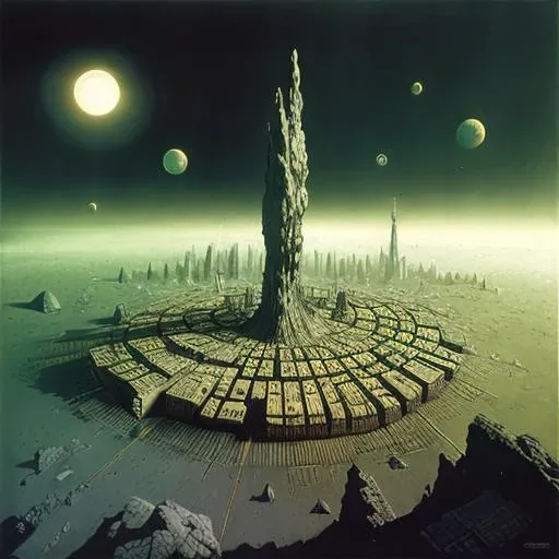 sprawling city on asteroid, , Zdzislaw Beksinski style
