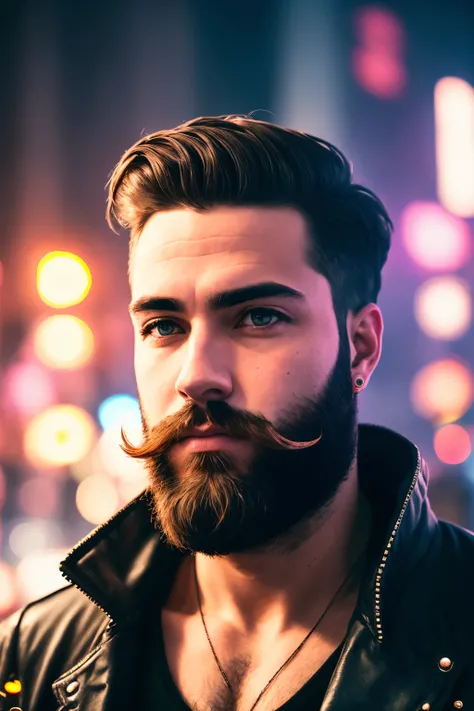handsome man with beard, masterpiece, best quality, (sci-fi:1.2), street, dof, (cyberpunk:1.15),neon