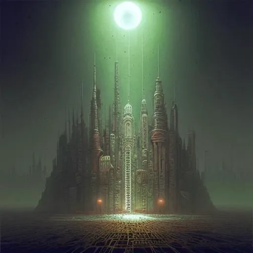 dystopian city landscape, Zdzislaw Beksinski style