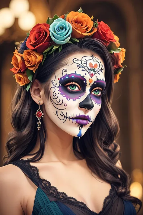 (dark shot:1.4), 80mm, a pretty cute woman with curly long hair with (colored makeup Dia de Muertos:1.3): posing in luxury castle, wreath of roses (on head:1.2), intricate detailed long (red dress:1.3) with black lace details, 4k, 8k, (intricate details:1.12), hdr, (intricate details, hyperdetailed:1.15), (natural skin texture, hyperrealism, soft light, sharp:1.2), soft light, sharp, exposure blend, medium shot, bokeh, (hdr:1.4), high contrast, (cinematic, teal and orange:0.85), (muted colors, dim colors, soothing tones:1.3), low saturation, (hyperdetailed:1.2), (noir:0.4)