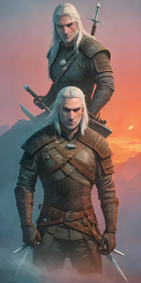 Geralt witcher, pose, long sword, sunset, trending on artstation, 2d, stylized, trees background,  zdzislaw beksinski style, watercolor:0.3,