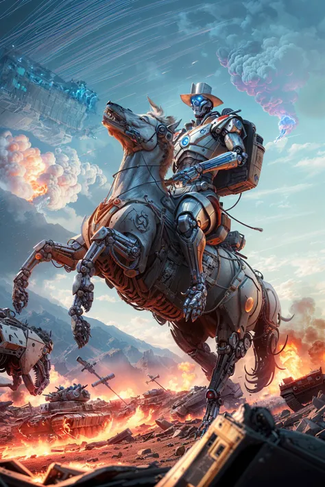 ((best quality)), ((masterpiece)), (realistic), (photorealistic), (detailed), (top quality, best quality, beautiful and aesthetic:1.2), intricate details, extremely detailed, solo, a robot napoleon riding a robot horse in the mountains with a red cape on his back, pointing his hand to the sky, wearing 18th century style hat, machine, terminator, science fiction, futuristic battlefield at dusk,destroyed tanks, destroyed vehicles, explosions, flames, smokes, dramatic lighting, concept art, gloomy, glorious, trending on artstation, 8k, film grain,
