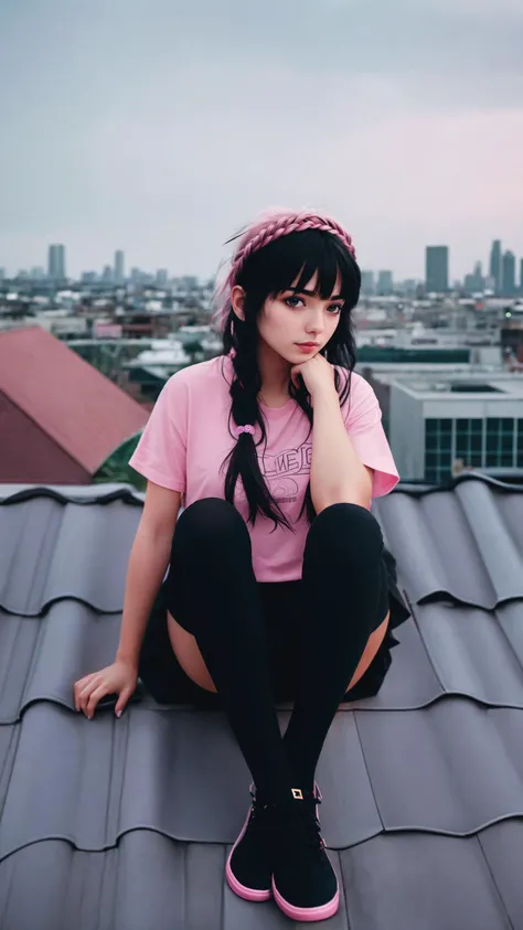 a girl, emo, black hair, pink braids, black tights, black skirt, pink sneakers, sitting on the roof, cinematic