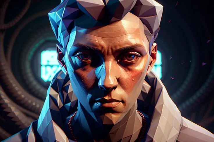 lovecraft voxel portrait, (detailed skin),  <lora:Sebijy:0.5>,  subsurface scattering, f2, 35mm, film grain,(((lowpoly))), neon hair, repentance, Sebijy, bodyhorror, close up, (((deep foreground))), ((detailed shadows)), <lora:t3xtn:0.4>