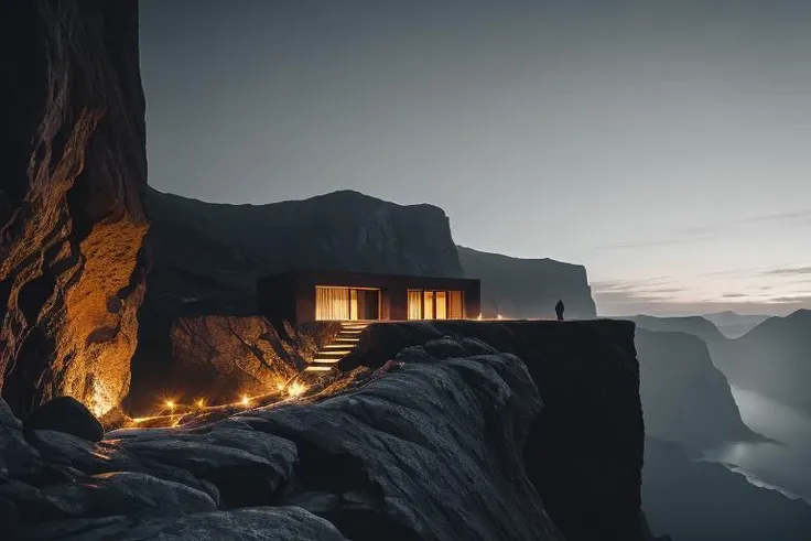 nature, epic minimalistic building in the center, warm, glow at night, raw, hdr, (cliff, waterfall, abyss, rocks, house on the edge of a cliff:1), cinematic, slate grey, dramatic light, architecture