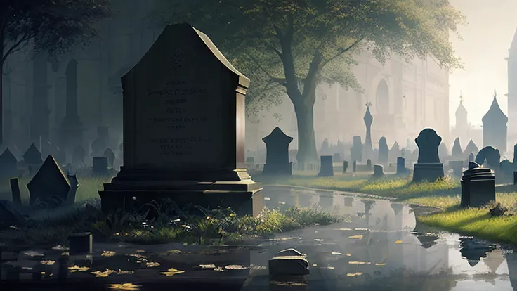 The graveyard and the queen's stone, shadows, rippling reflections, steam, epic composition, intricate, elegant, volumetric lighting, digital painting, highly detailed, artstation, sharp focus, illustration, concept art, ruan jia, steve mccurry