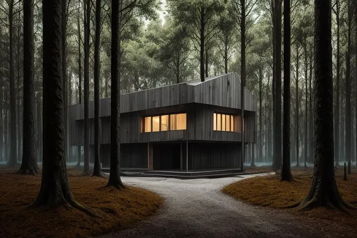 nature, epic minimalsitic building in the center, dark, fade, warm, glow at night, raw, hdr, (forest:1.8), cinematic, slate grey, dramatic light, architecture
