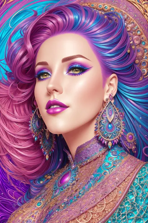 extremely detailed,(fractal art:1.1),(colorful:1.1), ((ultra_bright_colors)), 1woman with purple hair, red lipstick, highest detailed,(zentangle:1.2), (dynamic pose), (abstract background:1.3), (shiny skin), (many colors:1.4), ,(earrings:1.4),