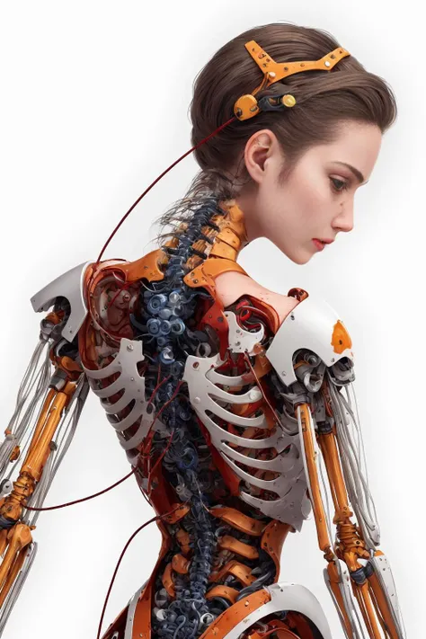 (masterpiece, top quality, best quality, official art, beautiful and aesthetic:1.2), (1girl:1.3), extreme detailed,colorful,highest detailed ((ultra-detailed)), (highly detailed CG illustration), ((an extremely delicate and beautiful)),(from side),cinematic light,((1mechanical girl)),solo,full body,(machine made joints:1.2),((machanical limbs)),(blood vessels connected to tubes),(mechanical vertebra attaching to back),((mechanical cervial attaching to neck)),(sitting),expressionless,(wires and cables attaching to neck:1.2),(wires and cables on head:1.2)(character focus),science fiction,white background,(blood:1.5)