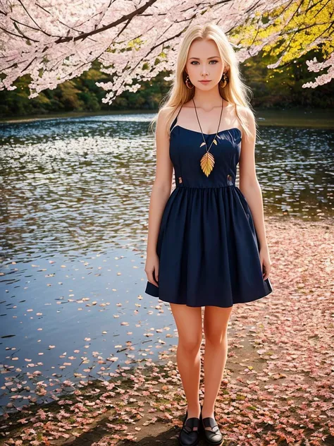1girl, against_tree, autumn, autumn_leaves, bare_tree, blonde_hair, blue_eyes, branch, breasts, bush, cherry_blossoms, dress, earrings, flower, forest, garden, jewelry, lake, looking_at_viewer, nature, outdoors, palm_tree, pink_flower, pond, solo, standing, tree