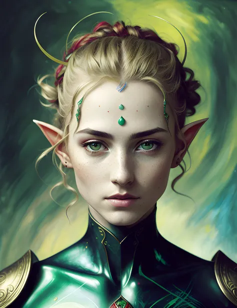 a elf nymph, chiselled features face, green eyes, freckled, disheveled hair, thin intricate hairpin, alien decorations, expressive pose, vivid colors, masterpiece, detailed painting, painting by Umberto Boccioni, by Aleksi Briclot, by Adam Paquette, by Adolf Hirémy-Hirschl, Detailed and Intricate