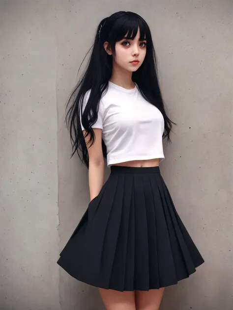 a girl, black hair, pleated skirt, eye bags, concrete wall, intricate, cinematic, detailed