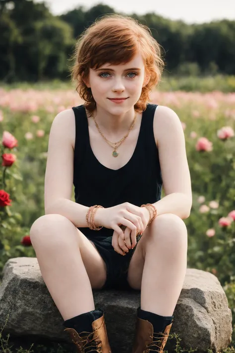 beautiful actress Sophia Lillis 18 years old sitting on a rock, (looking at viewer:1.4),short tank top, mini short, black boots,(detailed landscape, vegetation,roses background), (tomboy:1.2), (very short hair:1.2),(ginger messy hair),  (freckles:0.5),small breast,,<lora:Sophia Lillis:0.7>, RAW photo, candid, professional photography, 1.8f, dof, day ligh, sharp focus , intricate details, volumetric light, beautifull light, (backlight:1.2), 8k uhd, dslr, high quality, film grain, (detailed skin:1.2),pores,(full body:1.2),bady shape,detailed eyes and face,navel,bracelet,necklace,(little smile),