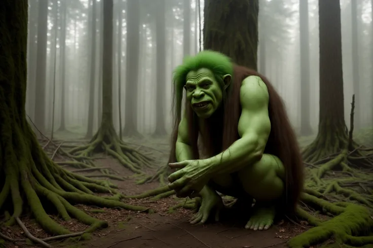 photo of a green troll, standing in the forest, hdr, hires, intricate, dirty, spooky, horror, cinematic lighting, realistic, photorealistic, detailed, highly detailed, masterpiece