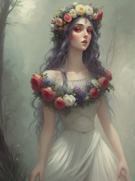 a painting of a woman in a dress standing in a forest by a lake with flowers in her hair, Charlie Bowater, magic the gathering artwork, a detailed painting, fantasy art