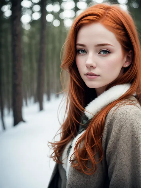 foxie european woman, ginger hair, winter forest, natural skin texture, 24mm, 4k textures, soft cinematic light, adobe lightroom, photolab, hdr, intricate, elegant, highly detailed, sharp focus, ((((cinematic look)))), soothing tones, insane details, intricate details, hyperdetailed, low contrast, soft cinematic light, dim colors, exposure blend, hdr, faded