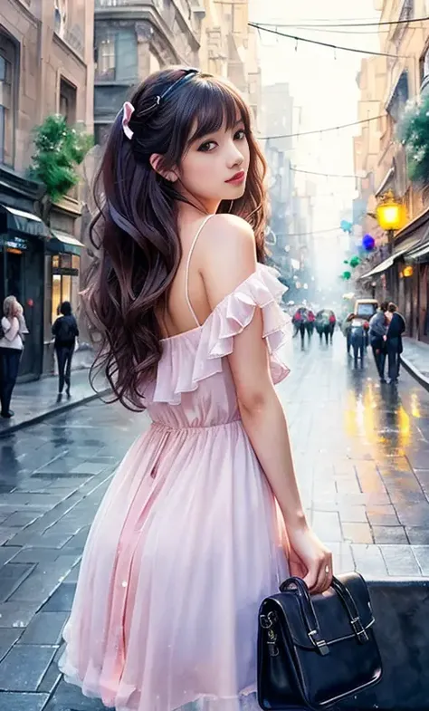 (8k, masterpiece:1.2), Night view of city streets, The lights of the night, (ultra highres:1.0), watercolor, a beautiful woman, shoulder, hair ribbons, by agnes cecile, full body portrait, extremely luminous bright design, (pastel colors), modelshoot style, very long hair, intricate, elegant, hdr, backlighting, realism, (hyperrealism), (cinematic), (hyperdetailed:1.2), best quality, (best quality:1.0)