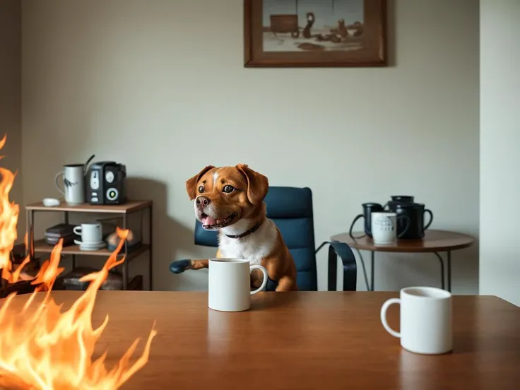 dog sitting in chair, mug on table, room on fire