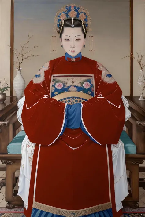 best quality, highres, painting of 1 female, full body, red Chinese clothes, hanfu, blue collar, xiaoxiang, <lora:Xiang:0.9>, elaborate jewelry crown, 80s, bathing, bathroom, beautiful, cleavage, hair bun, huge boobs, indian, seductive