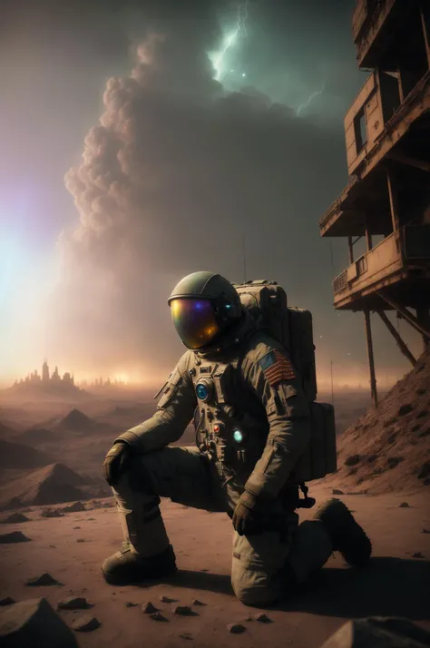 end of the world, epic realistic, (hdr:1.4), (muted colors:1.4), apocalypse, freezing, abandoned, neutral colors, night, screen space refractions, (intricate details), (intricate details, hyperdetailed:1.2), artstation, cinematic shot, vignette, complex background, buildings, ultra realistic render of an astronaut, head down, kneeling on one knee, close up