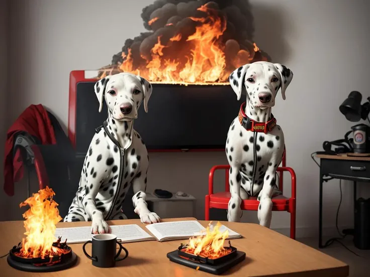 dalmatian wearing firefighter jacket sitting in chair, mug on table, (room on fire:1.2), white background