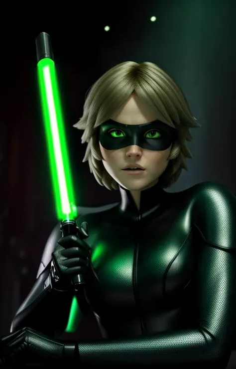 ultra wide angle, in focus, dark epic background, gorgeous lifelike, dynamic pose, <lora:cat_noir:0.7>, blond, green lightsaber, medium shot, hyper details, lighting art, cinematic, insane details, intricate details, hyperdetailed, goth, fractal, dark shot
