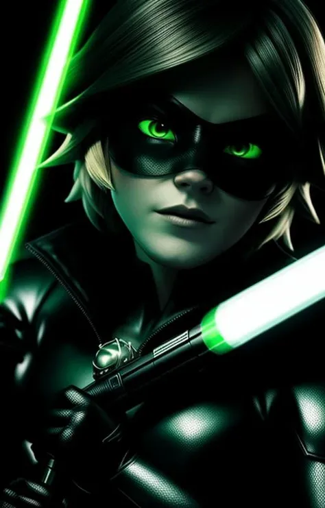 ultra wide angle, in focus, dark epic background, gorgeous lifelike, dynamic pose, <lora:cat_noir:0.7>, blond, green lightsaber, medium shot, hyper details, lighting art, cinematic, insane details, intricate details, hyperdetailed, goth, fractal, dark shot