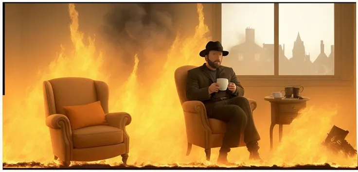 cross-eyed (Ben Affleck) with a lost gaze, wearing very small orange hat, sitting on a chair like a person, in the living room of a house, the house is on fire, there is a table with a cup of coffee, explosions and fire in the back, ((photorealism)), realistic, best quality, 8k, award winning, dramatic lighting, epic, cinematic, masterpiece