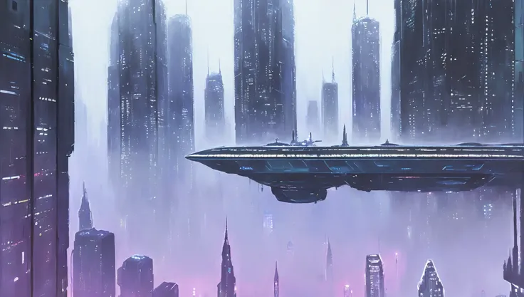 (abstract expressionist:1.1), (close up:1.2) of a (scifi repulsorcraft hovering:1.3) between skyscrapers in a (cyberpunk city:0.9), night fog, (style of Colin Cambell Cooper:1.2), (style of John Harris:0.9)