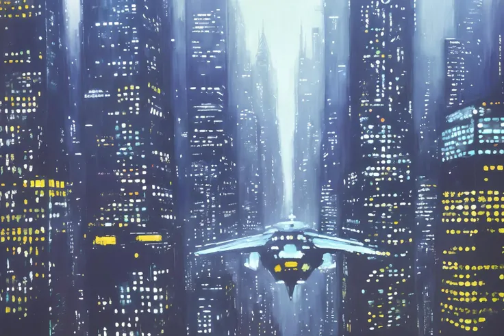 (abstract expressionist:1.1), (centered close up:1.2) of a (scifi repulsorcraft hovering:1.3) between skyscrapers, (cyberpunk:0.9), night fog, (style of Colin Cambell Cooper:1.2), (style of John Atkinson Grimshaw:0.9)