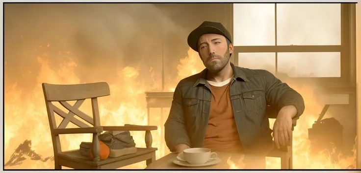 cross-eyed (Ben Affleck) with a lost gaze, wearing very small orange hat, sitting on a chair like a person, in the living room of a house, the house is on fire, there is a table with a cup of coffee, explosions and fire in the back, ((photorealism)), realistic, best quality, 8k, award winning, dramatic lighting, epic, cinematic, masterpiece