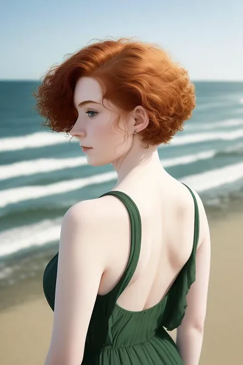 pale woman, 20 years old, by the sea, backless dress, looking over shoulder, smile, auburn perm, short hair, blowing wind, clear, high quality, detailed, in focus, photograph, photographic, photorealism, morning sun, green earrings