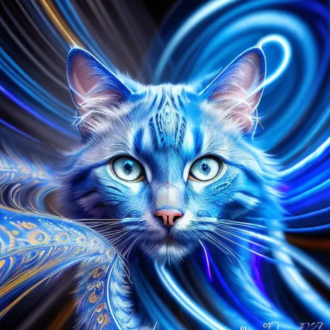 masterpiece, highres, a blue cat with 3 tails, fractal, ([tail | detailed 9 trails]:1.3), hdr, (intricate details, hyperdetailed:1.2), cinematic shot, vignette, centered, fractal painting, (long exposure:1.3),dynamic streaks, luminous trails, vibrant colors, fractal movement, captivating patterns, creative experimentation, dynamic pose