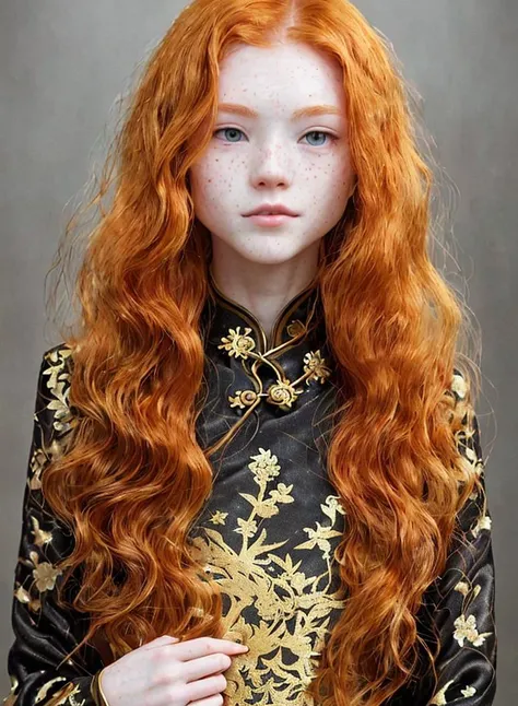 messy long flowing ginger hair, ( gold|black translucent:1.4 cheongsam:1.331), asian redhead ginger girl (18 years old), (freckles, pale skin), defined jawline, smaller head, gorgeous and seductive