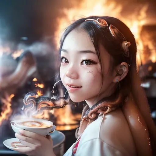 depth of field, bokeh, detailed background, detailed lighting, 1 girl,
cute kittle Japanese girl schoolgirl, symmetry eyes, serene smiling face, sipping from a white coffee mug,
(in a burning cafe, burning walls, burning windows, flames, smoke:1.5),
(giant squid tentacles tapping shoulder:1.5),
art by sel-foc