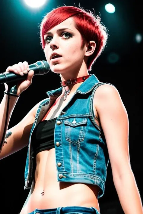 punk girl, topless, open vest, midriff, jean shorts, stud choker, crisp, clear, detailed skin, messy red bob, rock show, singing, stage lights, grainy photo, photograph, realistic, real skin, (realistic face:1.3), telephoto, audience, backlit, portrait, concentration, looking up, mic stand