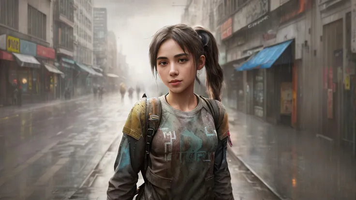 a young woman, street smiling, backpack, ponytails, epic realistic, photo, faded, complex stuff around, intricate background, soaking wet, neutral colors, ((((hdr)))), ((((muted colors)))), intricate scene, artstation, intricate details, vignette