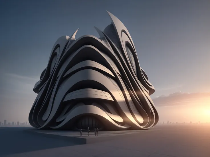 office bionic smooth flowing forms building high quality 3d concept, distorted, asymetrical, subsurface scattering, dark background, intricate details, epic composition, awesome, award winning, trending, perfect, volumetric light