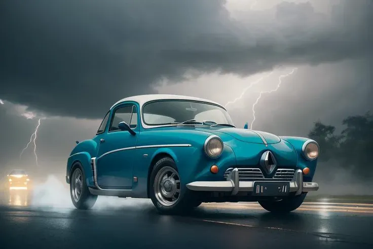 Digital photo of car on the empty parking slot, (((blue and white))) 1956 Renault Dauphine , heavy rain,  on aesthetic light glow in the cloudy sky, neon sign in the dark night, winter night, falling snow, foggy night , strong rim lighting, soft contrasted, thunder lightning in the stormy sky, 8k uhd, dlsr, Oled, dark lighting, high quality, film grain, Fujifilm XT3, highly detailed, excellent composition, cinematic concept art, dramatic lighting, trending on artstation  by Kaiwan Shaban, James O'Brien, Vadim Ignatiev,